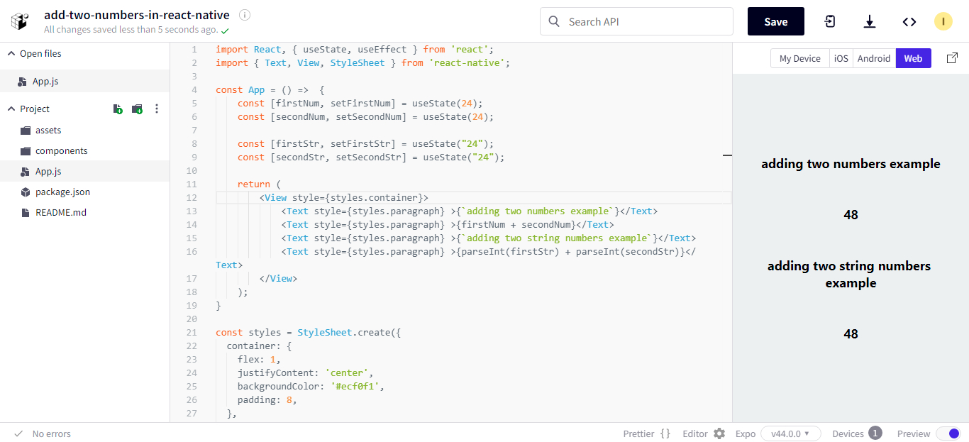 React Native, add two numbers example
