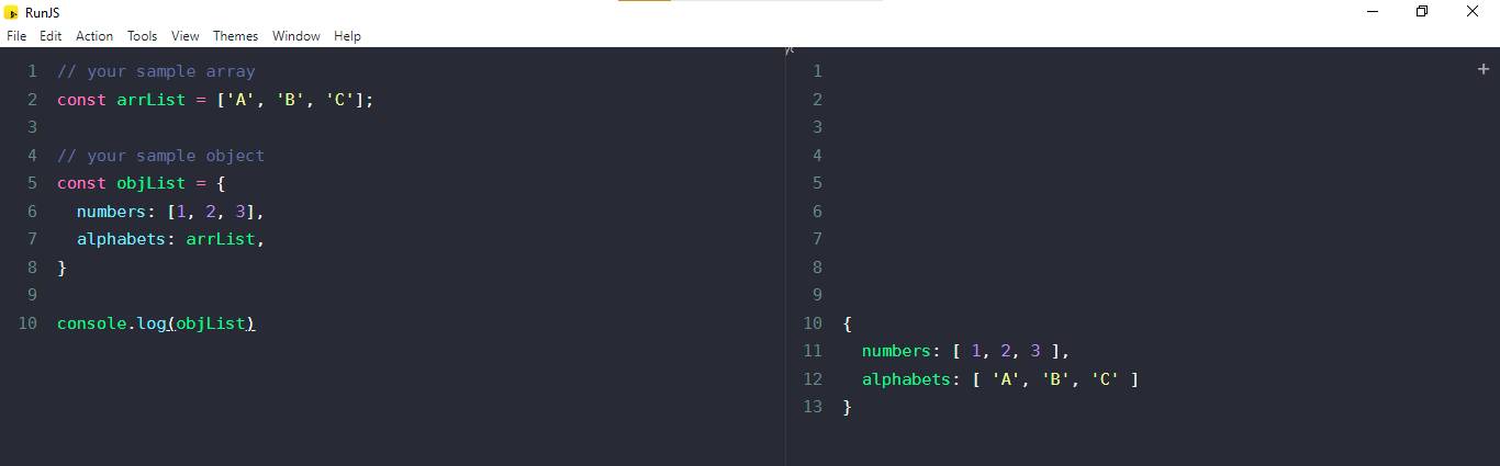 javascript, append array to object at intial time example