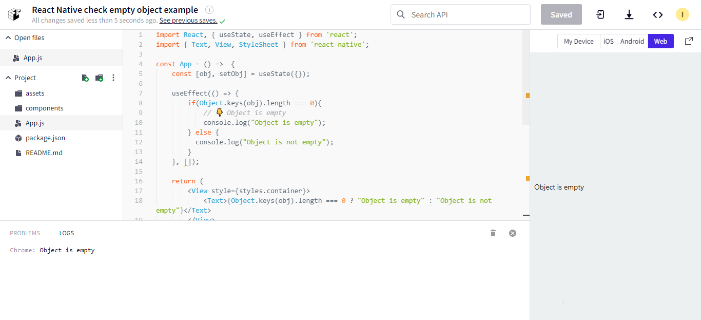 React Native, check empty object example