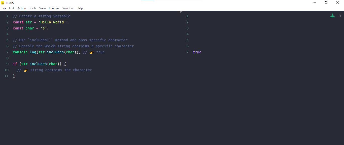 javascript, check if a string contains a specific character example