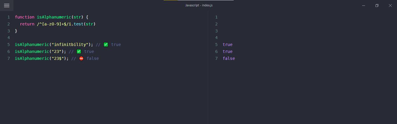 javascript, check if a string contains only alphabets and numbers example