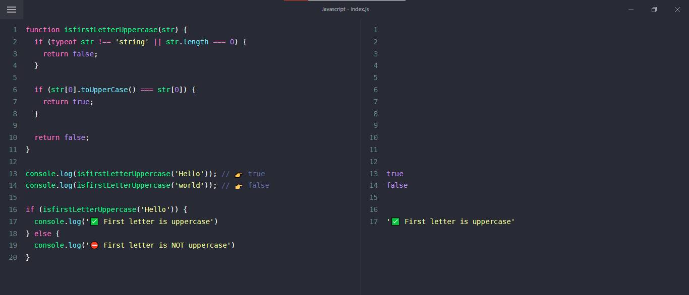 javascript, check if the first letter of a string is uppercase example