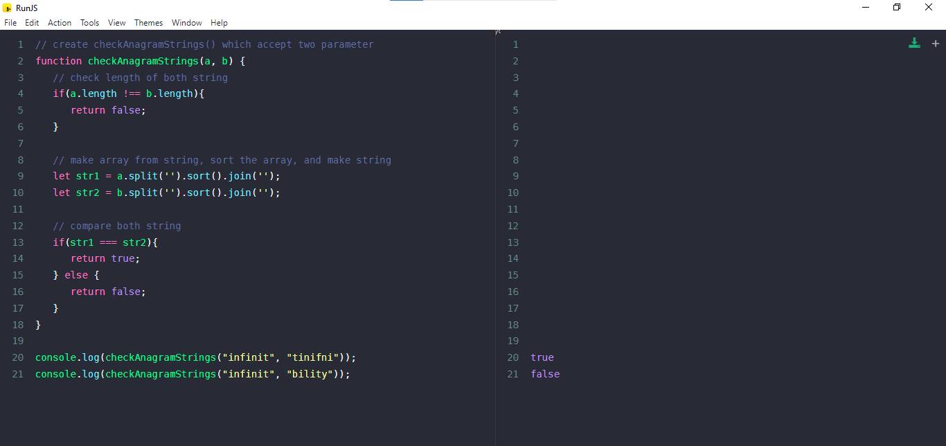 javascript, check if two strings are anagrams of each other example