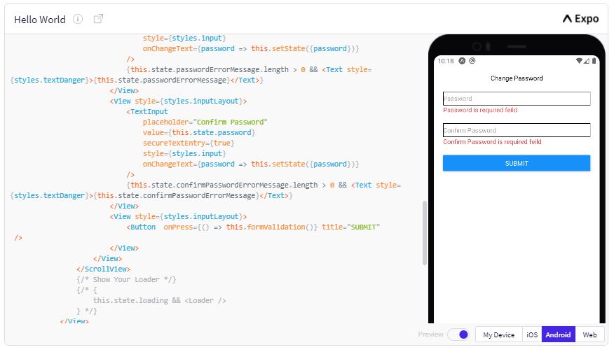 React Native, password, confirm password, validation, Example