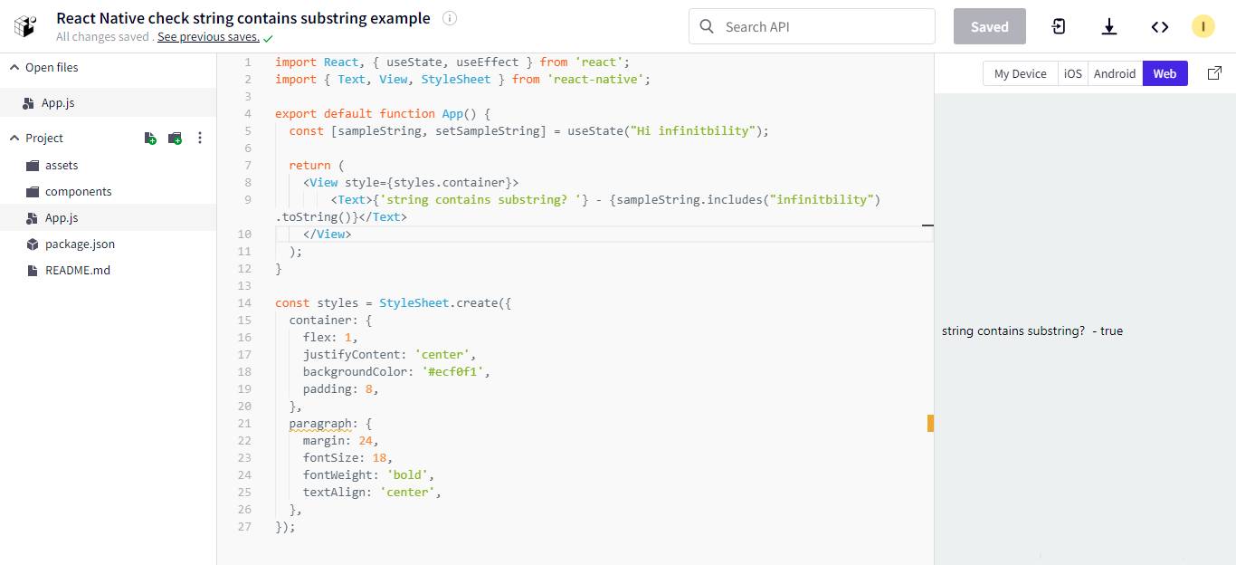 React Native, check string contains substring example