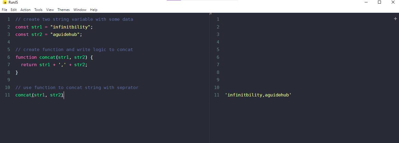 javascript, concat two strings example