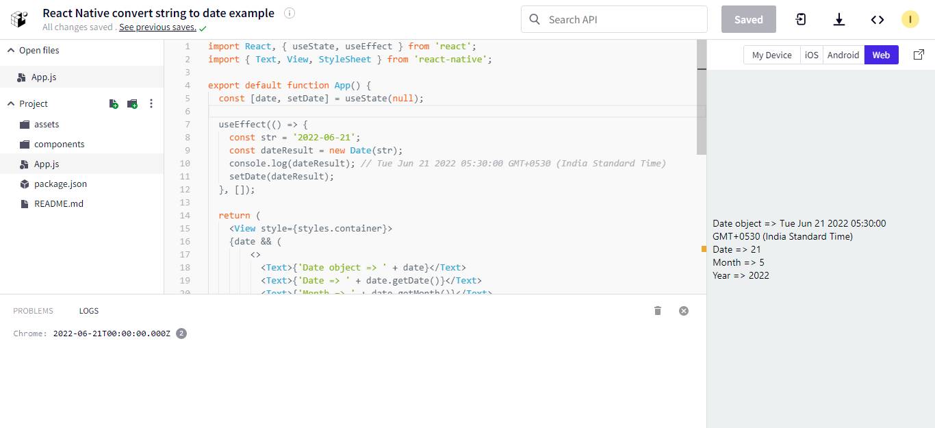 React Native, convert string to date example