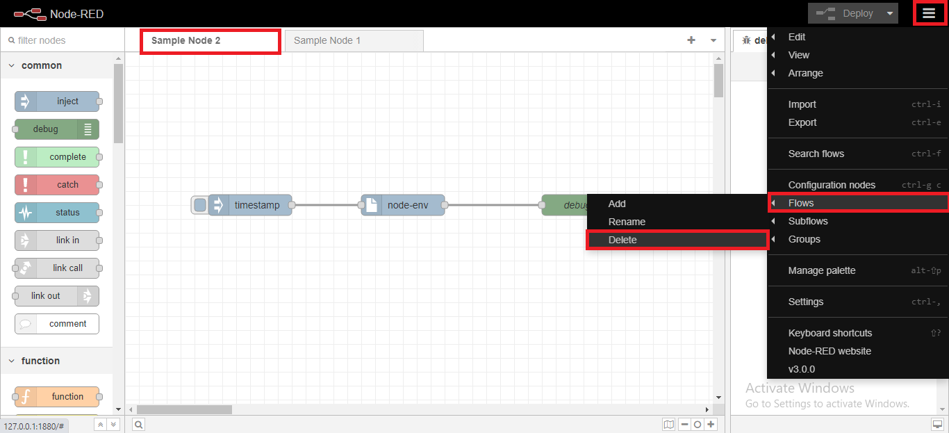 Node-red, delete flows example