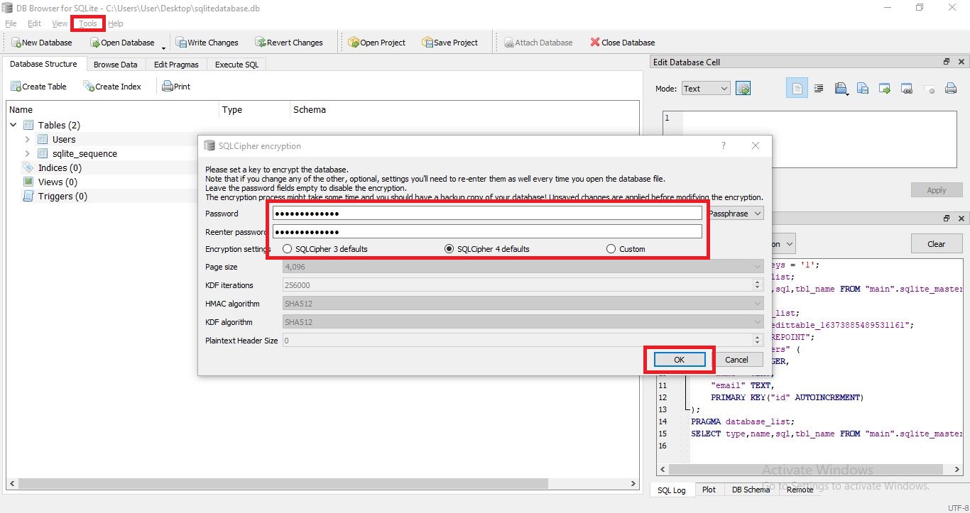 SQLcipher, Encrypt database, Example