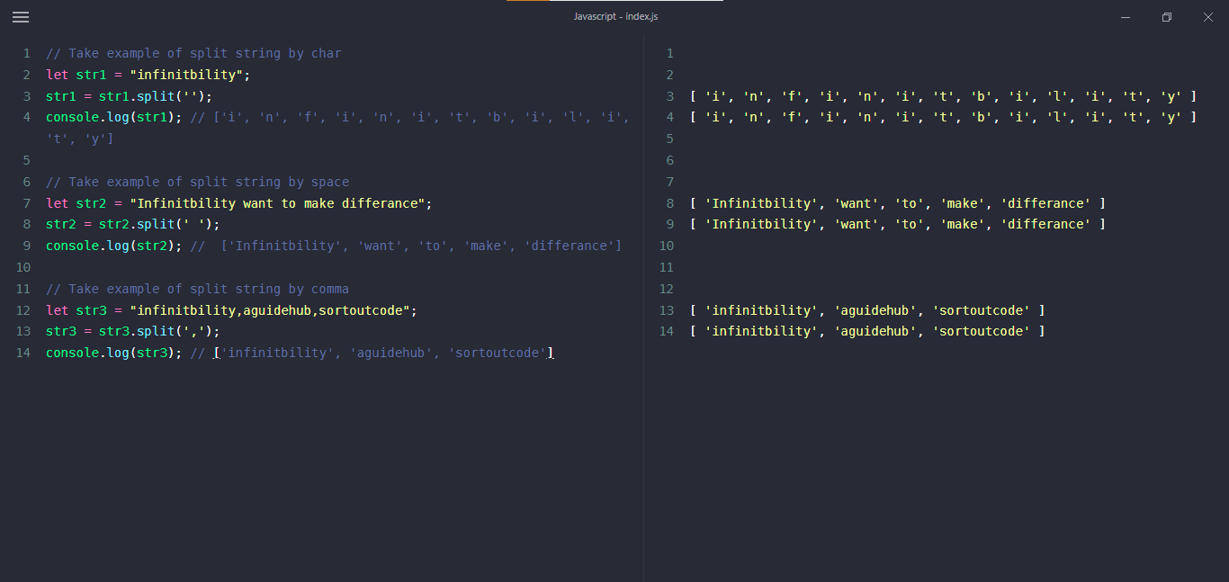 JavaScript, explode string in javascript example