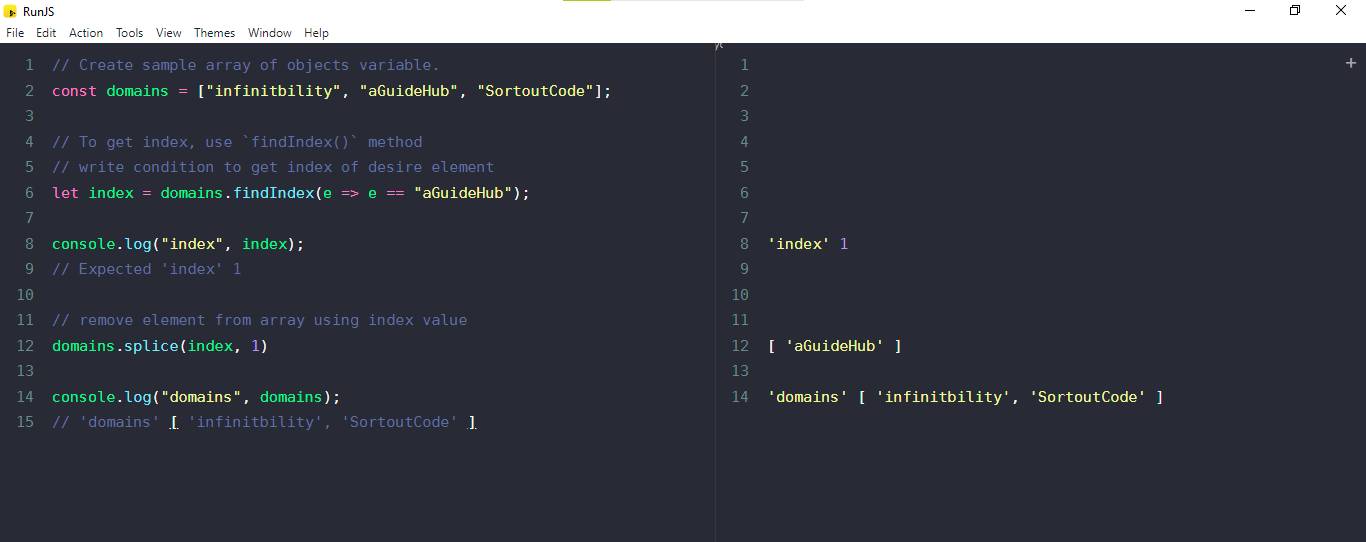 javascript, find and remove element from array example