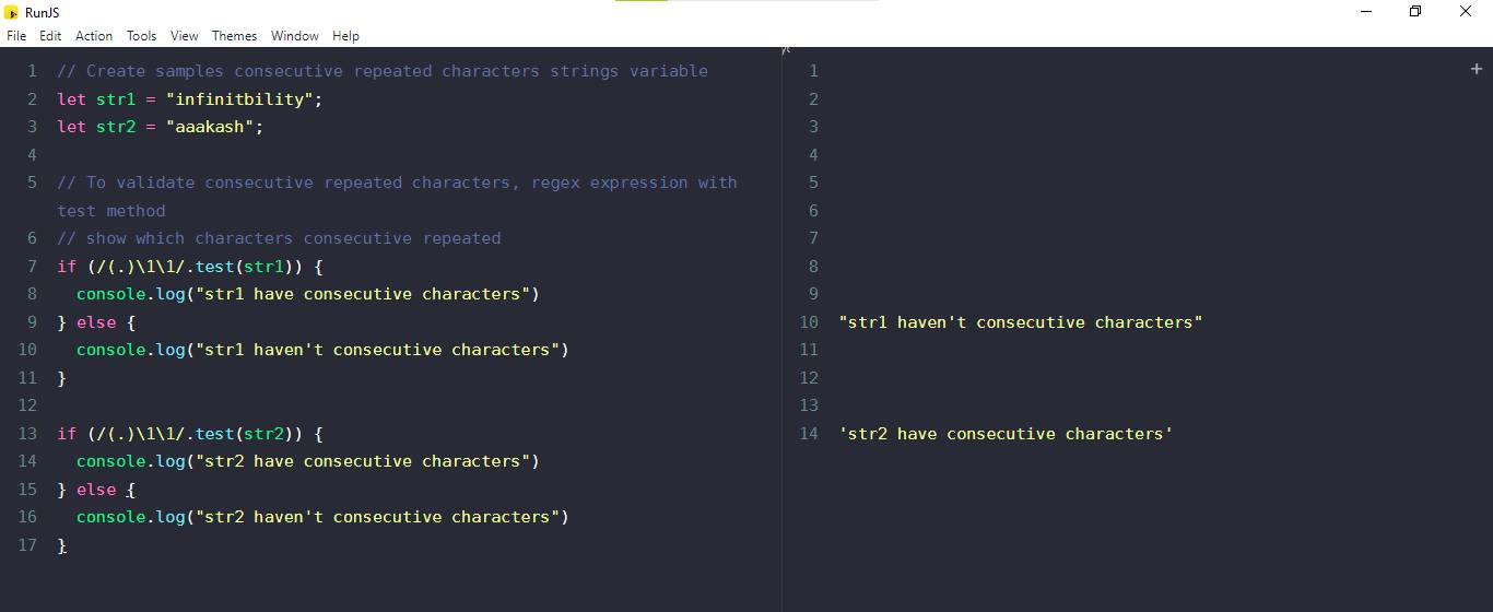 javascript, find consecutive repeated characters in a string example