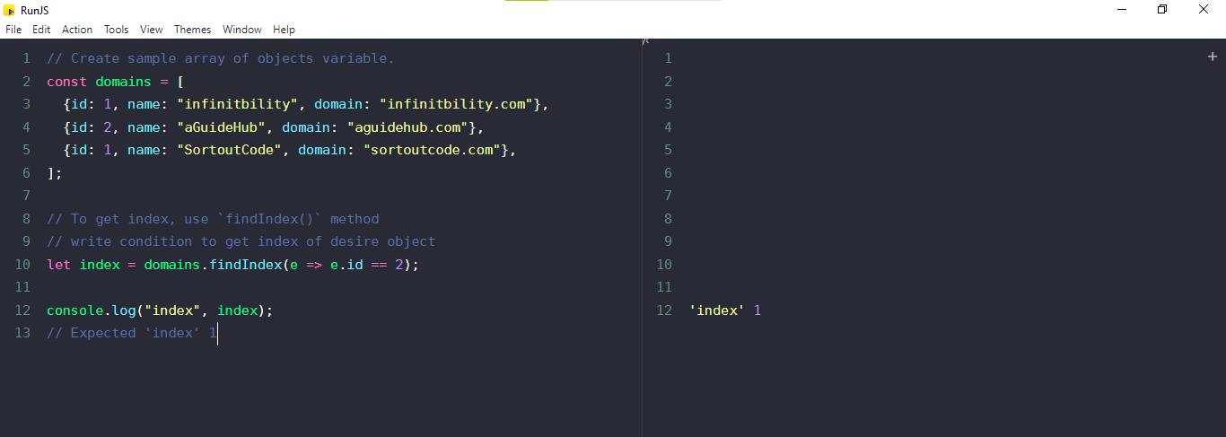 javascript, find the index of an object in an array example