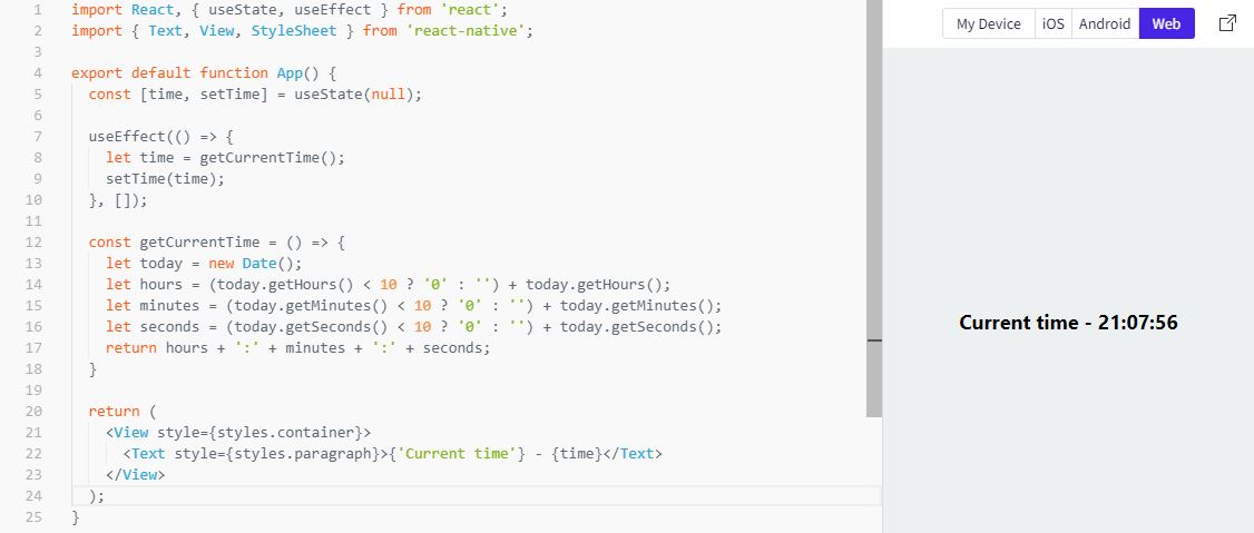 React Native, current, time, example