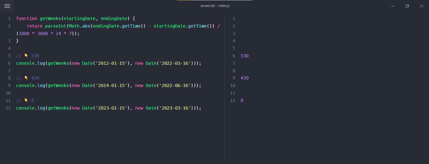 javascript, get weeks between two dates example