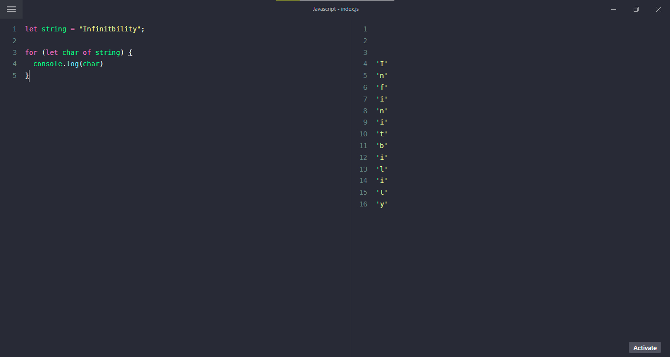 Javascript get each character of string example