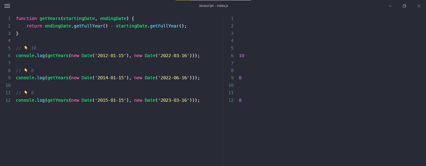 javascript, get years between two dates example