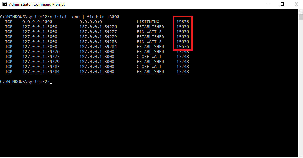 Find port using netstat in windows