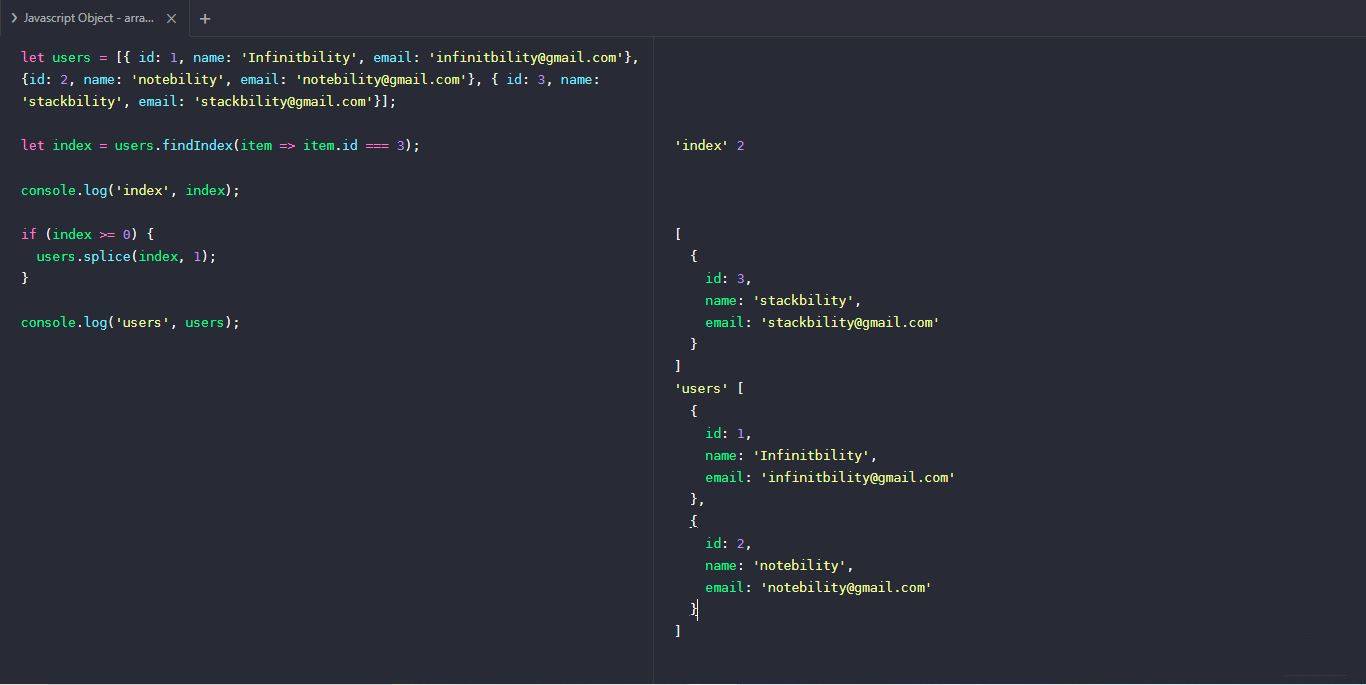 Javascript remove object from array example