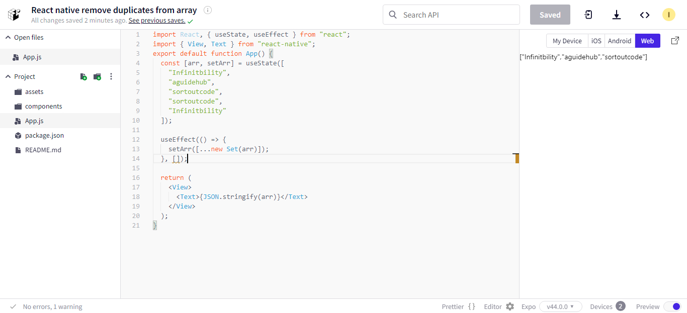 React Native, remove duplicates from array example