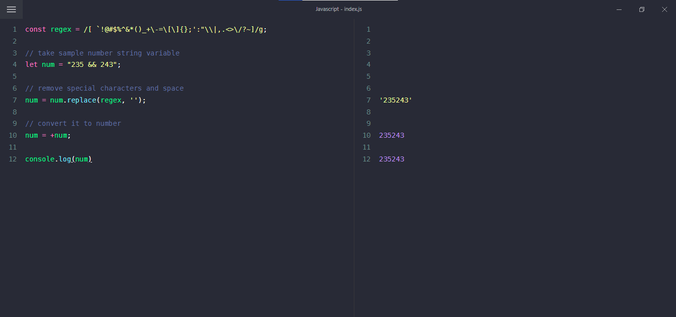 JavaScript, remove special characters and space from number example