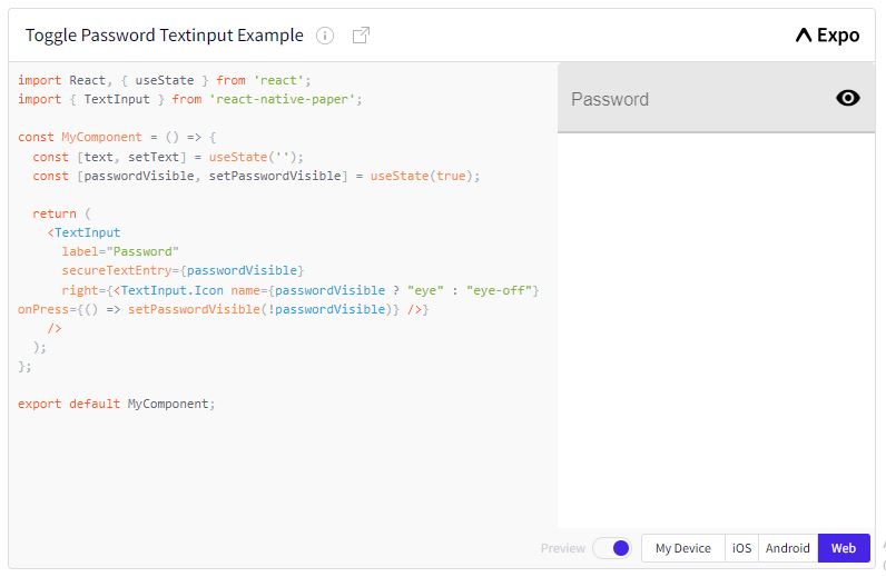 React native toggle password example