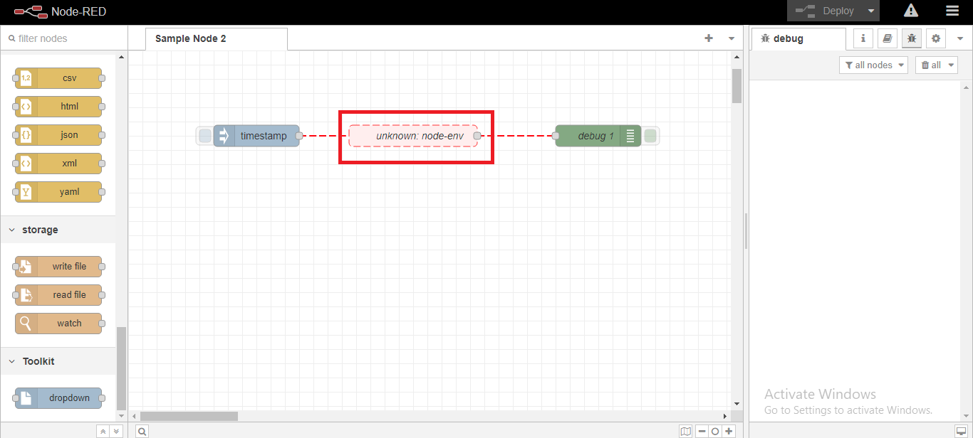 Node-red, warning nodes example