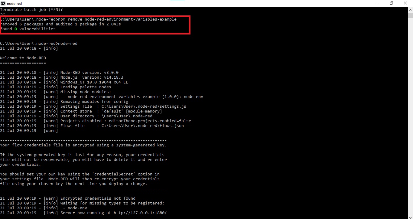 Node-red, Uninstall node example