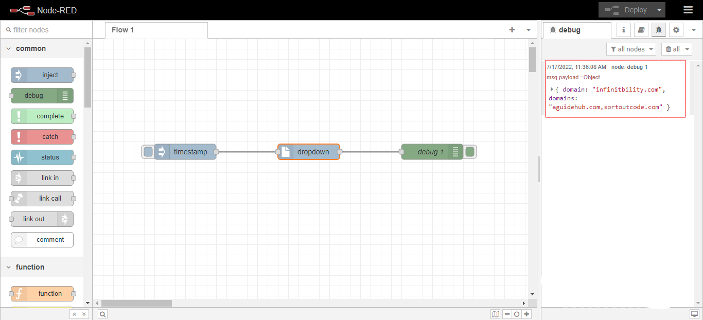 Node-red, dropdown debug example