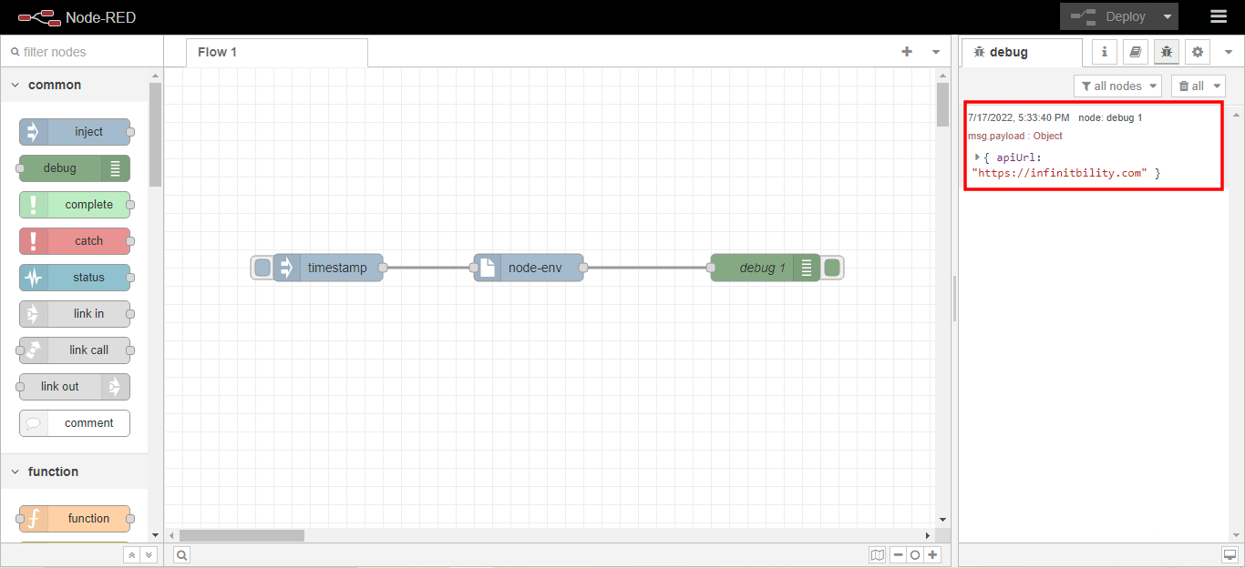 Node-red, environment variables example